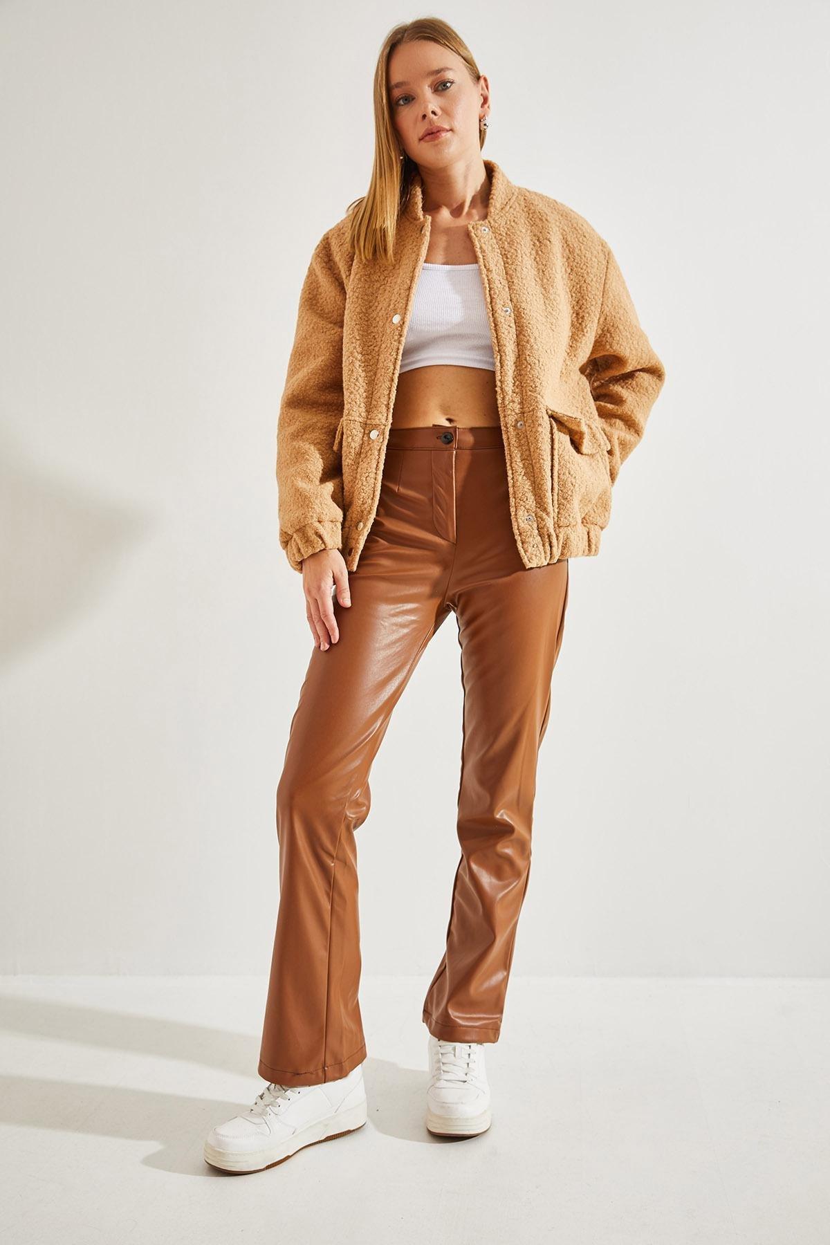 Brown Half Flared Leather Trousers, , large image number 2