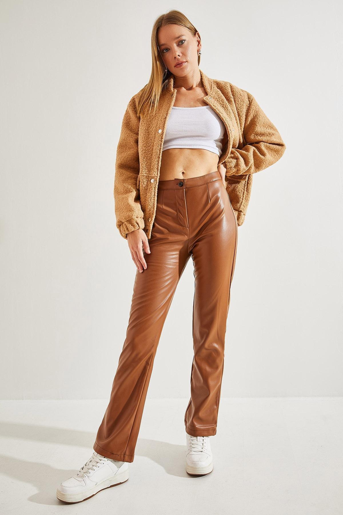 Brown Half Flared Leather Trousers, , large image number 3