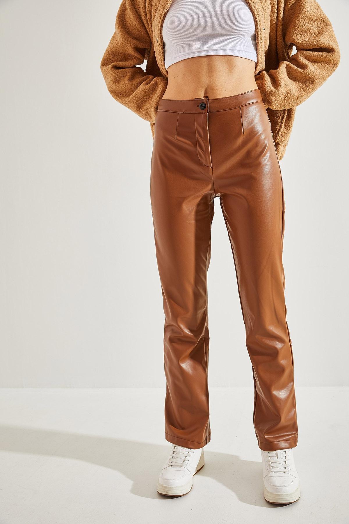 Brown Half Flared Leather Trousers, , large image number 4