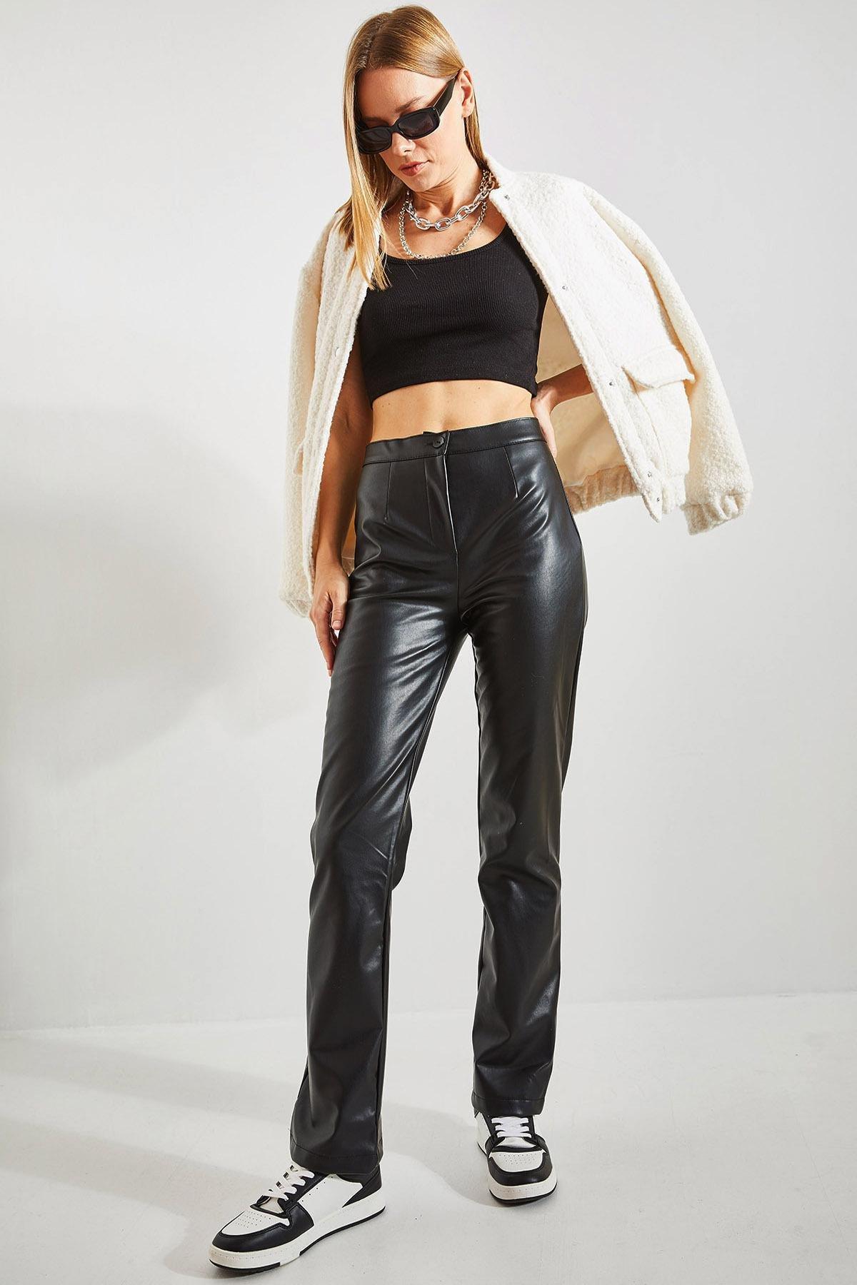 Black Half Flared Leather Trousers, , large image number 0