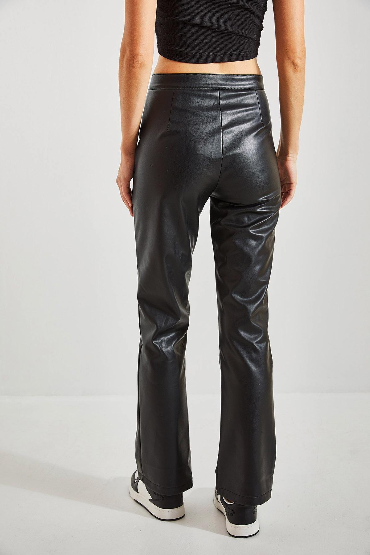 Black Half Flared Leather Trousers, , large image number 2
