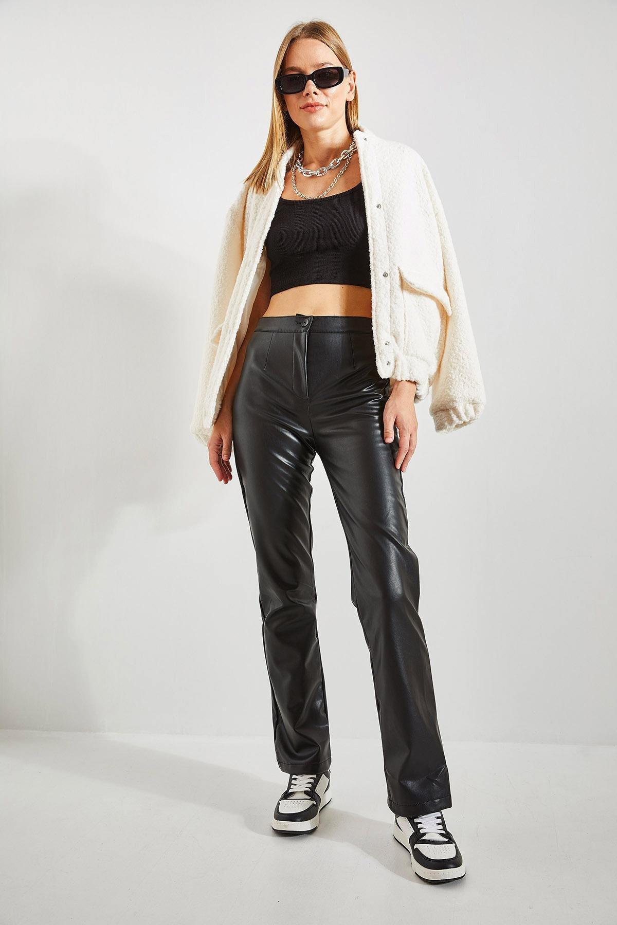 Black Half Flared Leather Trousers, , large image number 3