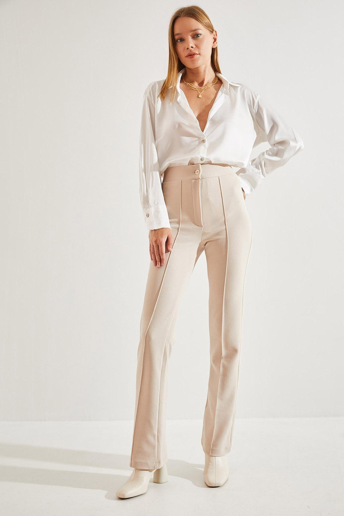 Beige Palazzo Scuba Fabric Trousers, Beige, large image number 0