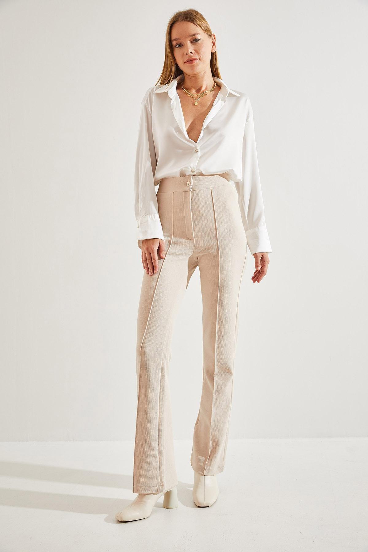 Beige Palazzo Scuba Fabric Trousers, Beige, large image number 2