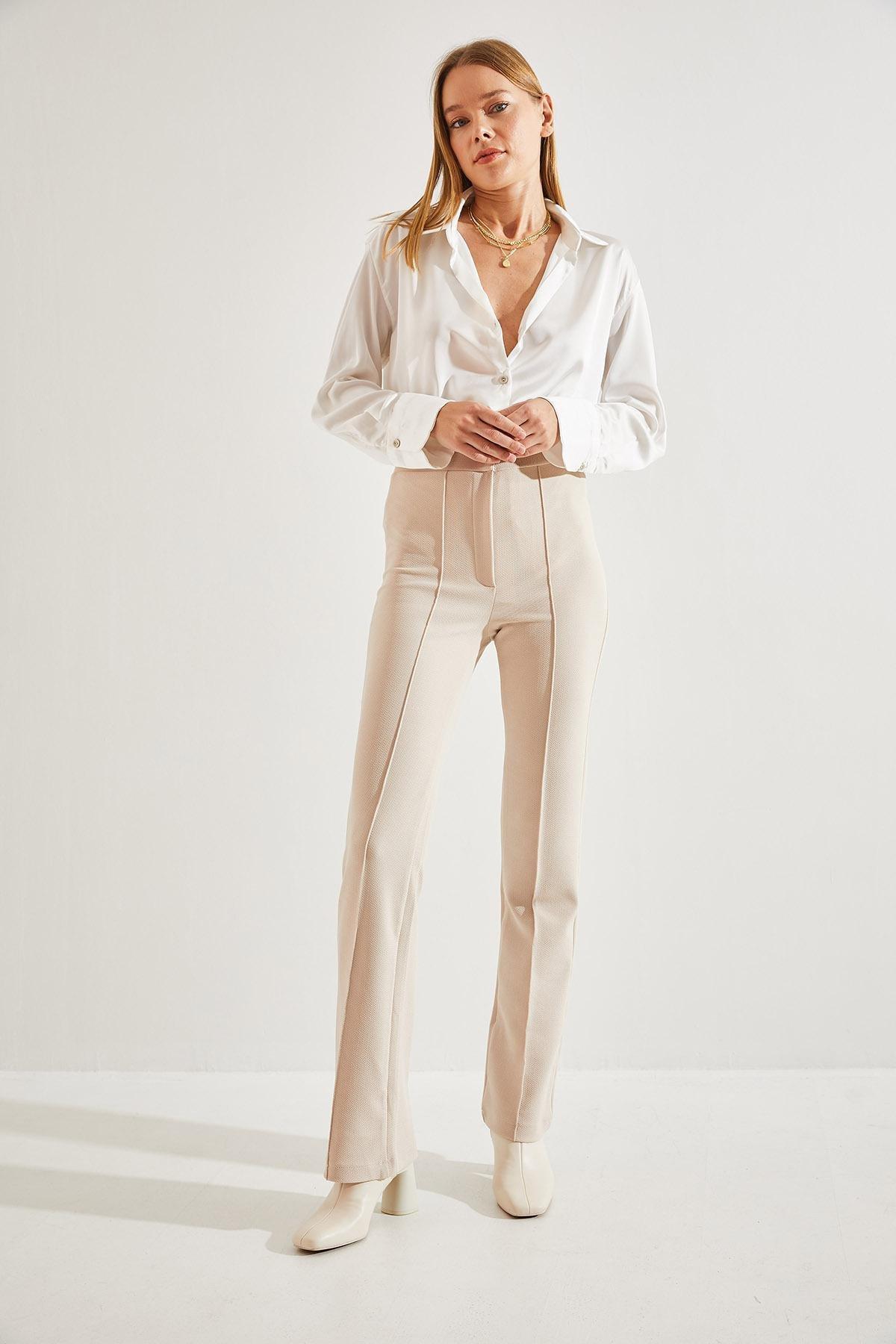 Beige Palazzo Scuba Fabric Trousers, Beige, large image number 3