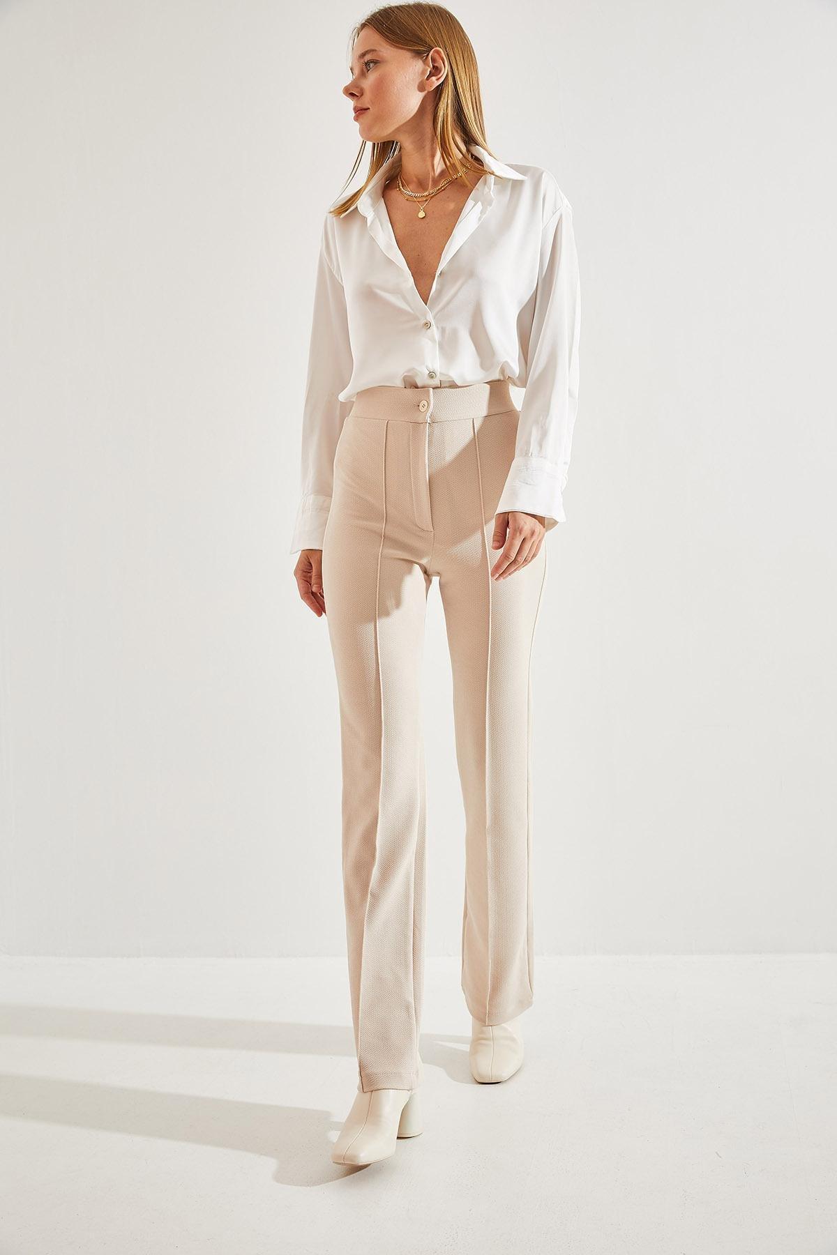 Beige Palazzo Scuba Fabric Trousers, Beige, large image number 4