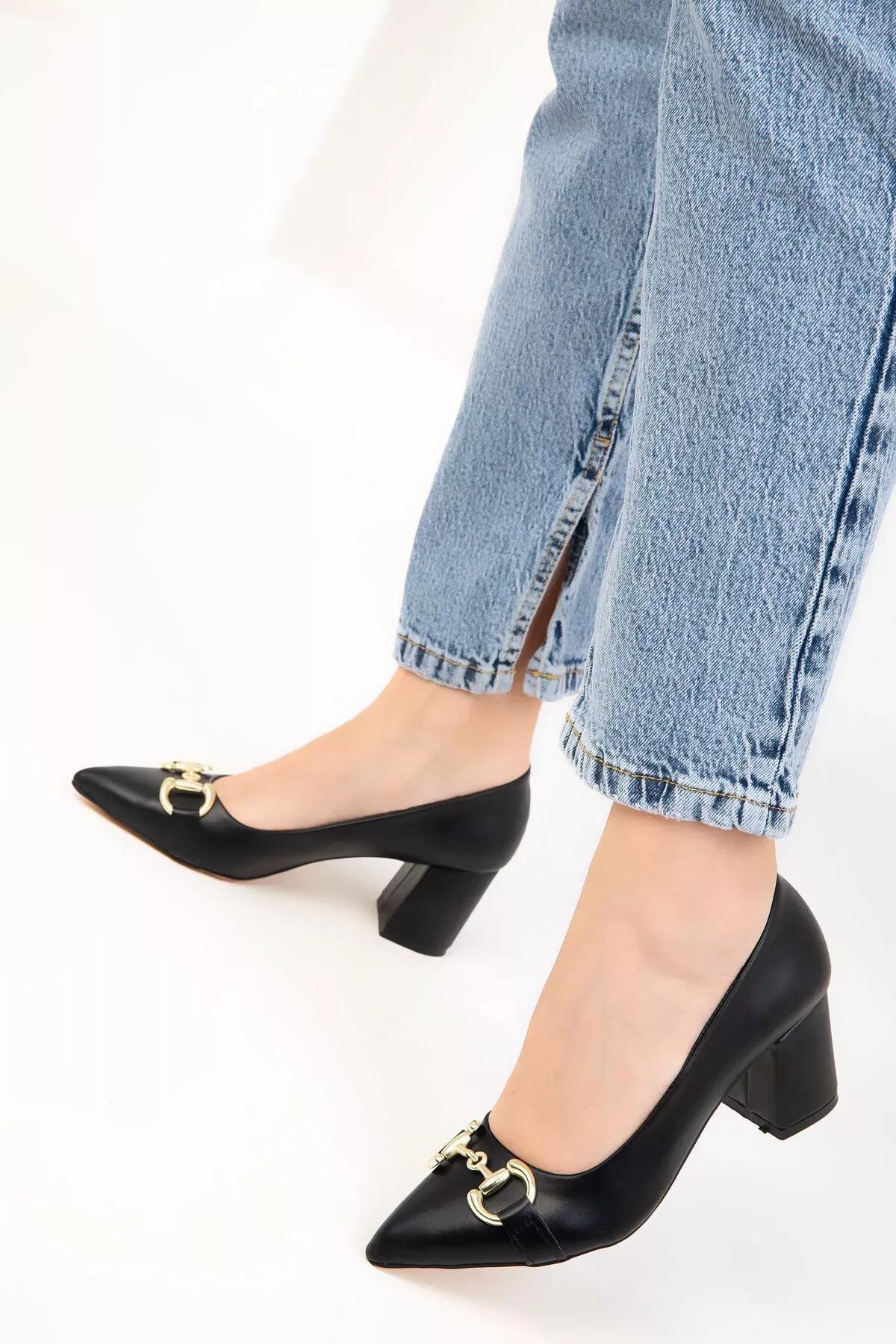 Black-Gold Womens Classic Heeled Shoes 18477, , large image number 1