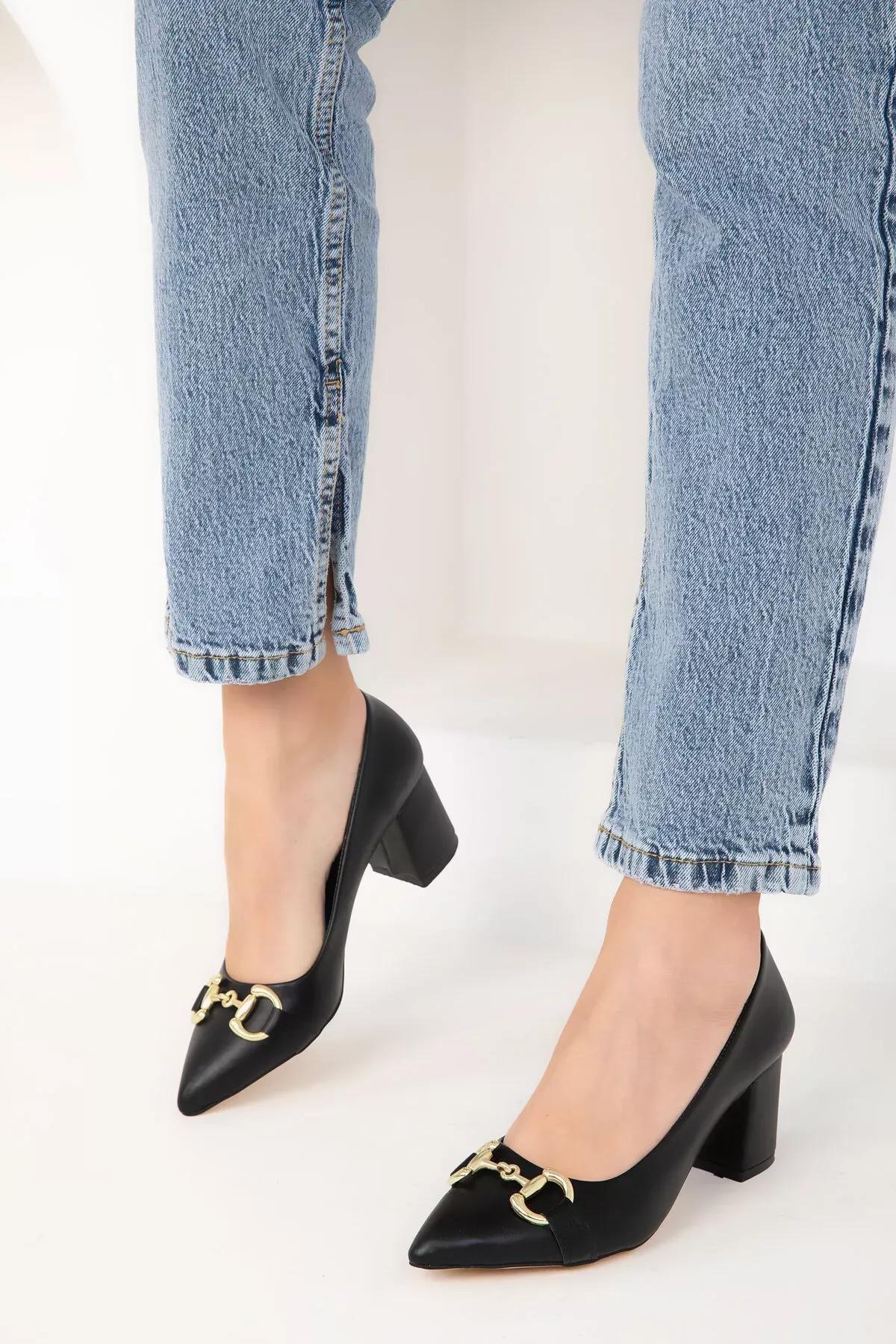 Black-Gold Womens Classic Heeled Shoes 18477, , large image number 2