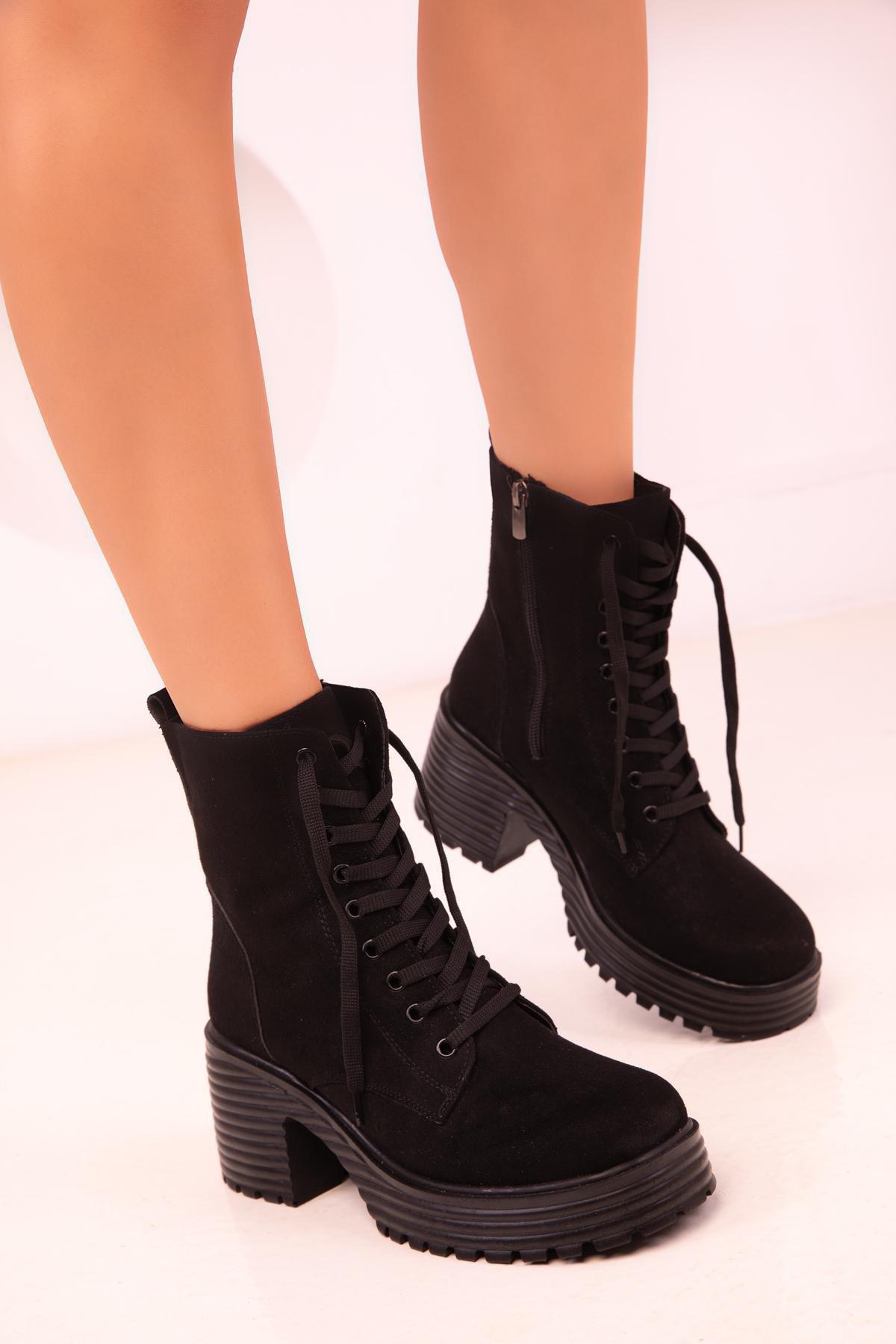 Black Lace-Up Heels Suede Boots, , large image number 2