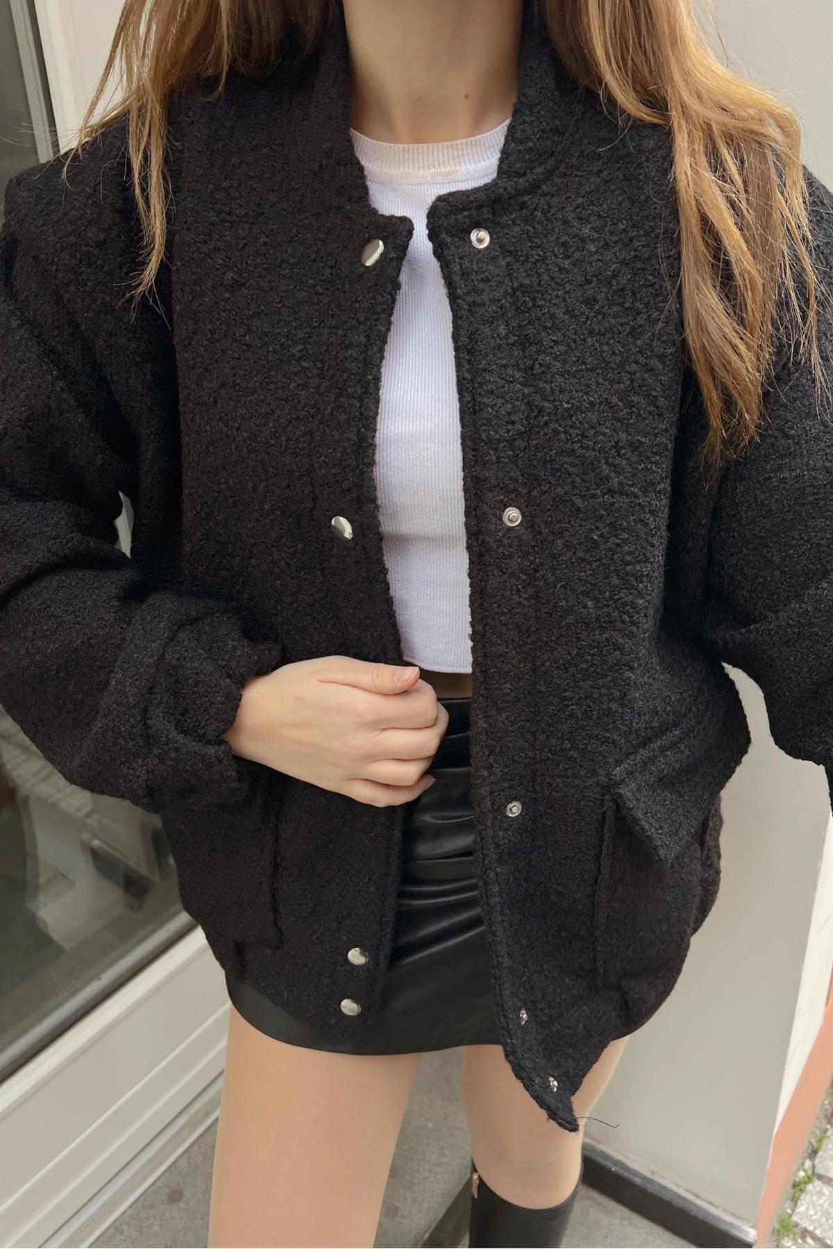 Womens Double Pocket Snap Fastener Fabric Coat, single, , large image number 1