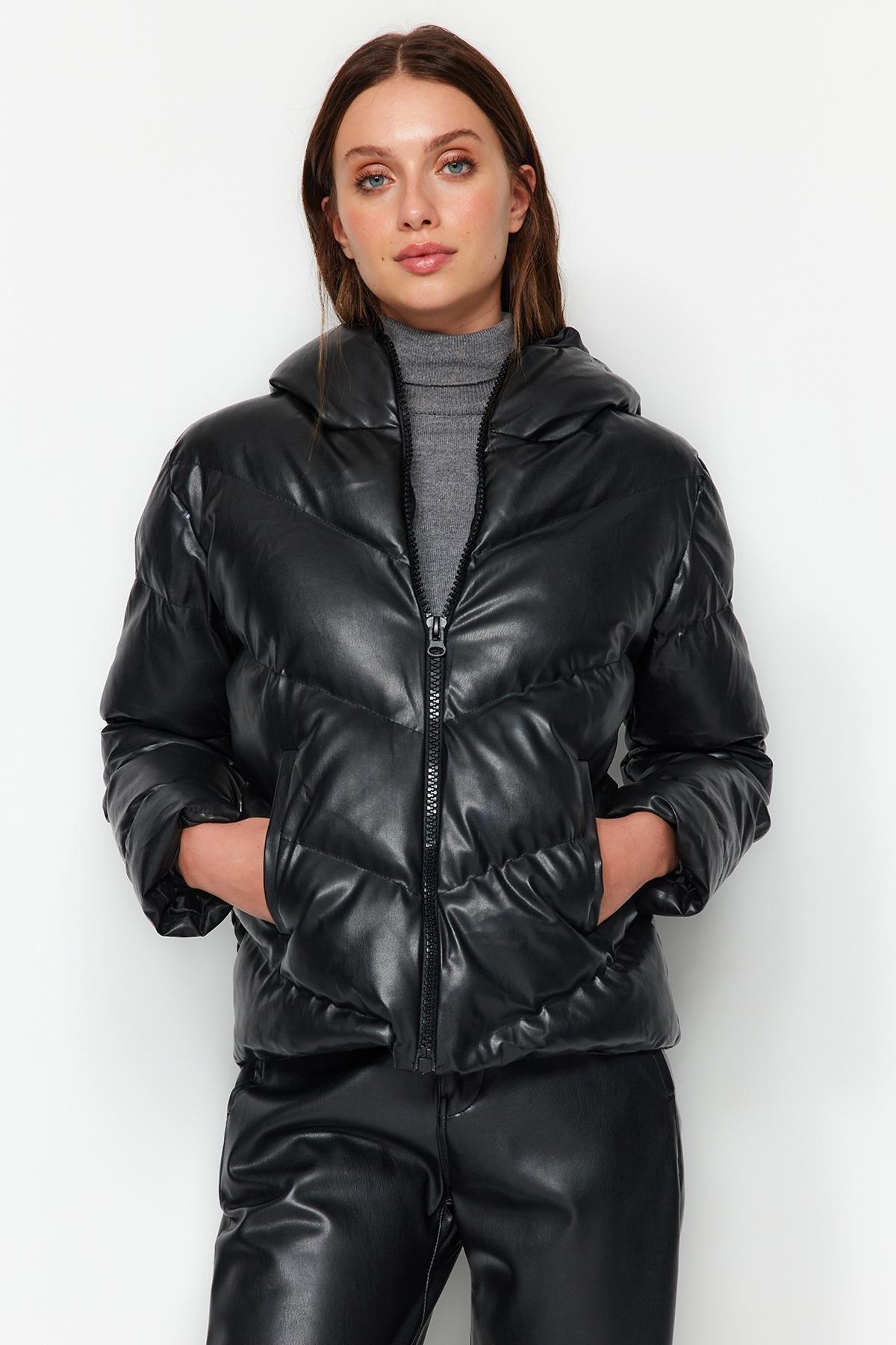 Black Faux Leather Puffer Jacket, , large image number 0