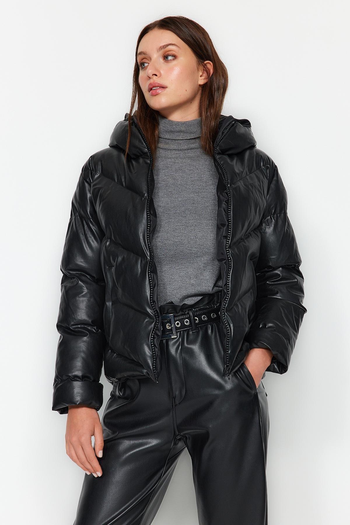Black Faux Leather Puffer Jacket, , large image number 1