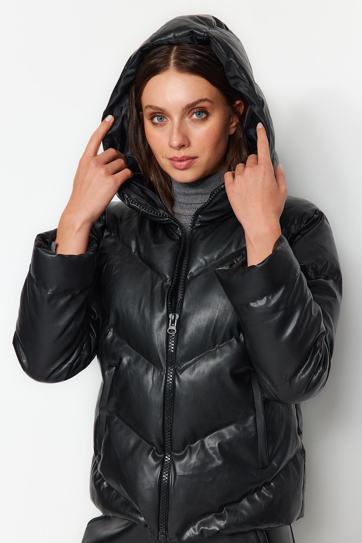 Black Faux Leather Puffer Jacket, , large image number 2