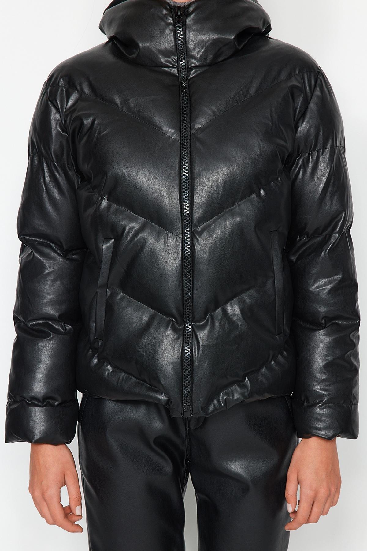 Black Faux Leather Puffer Jacket, , large image number 3