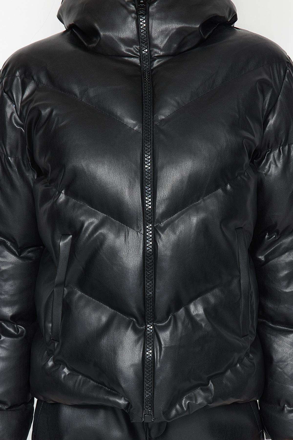 Black Faux Leather Puffer Jacket, , large image number 4