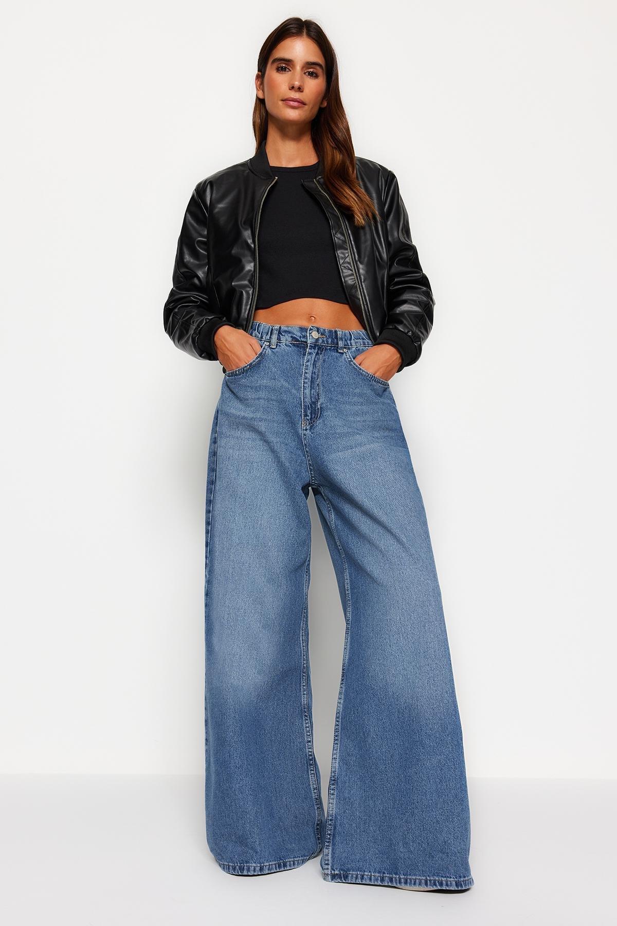 Blue Extra Wide Leg Jeans, Blue, large image number 0
