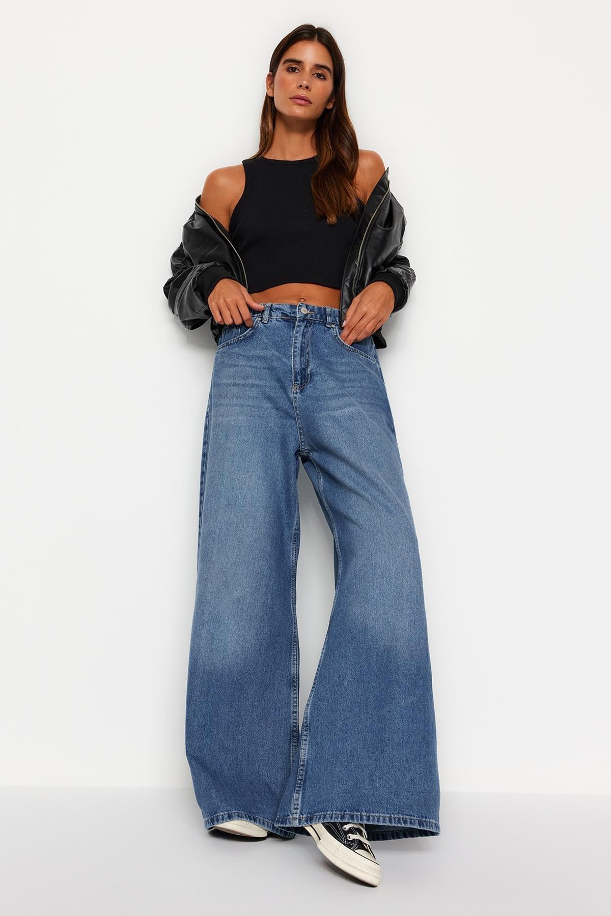 Blue Extra Wide Leg Jeans, Blue, large image number 1