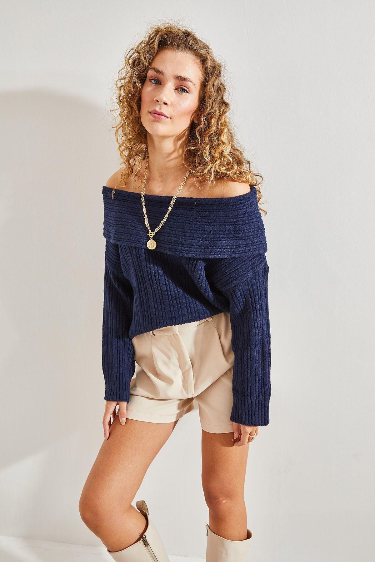 Navy Pleated Collared Sweater, Navy blue, large image number 4