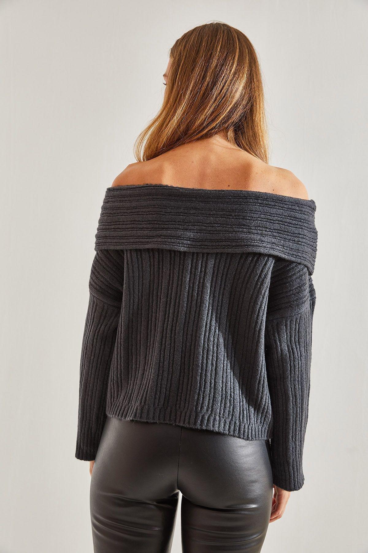 Ruffle Collar Textured Ribbed Sweater, Anthracite, large image number 2