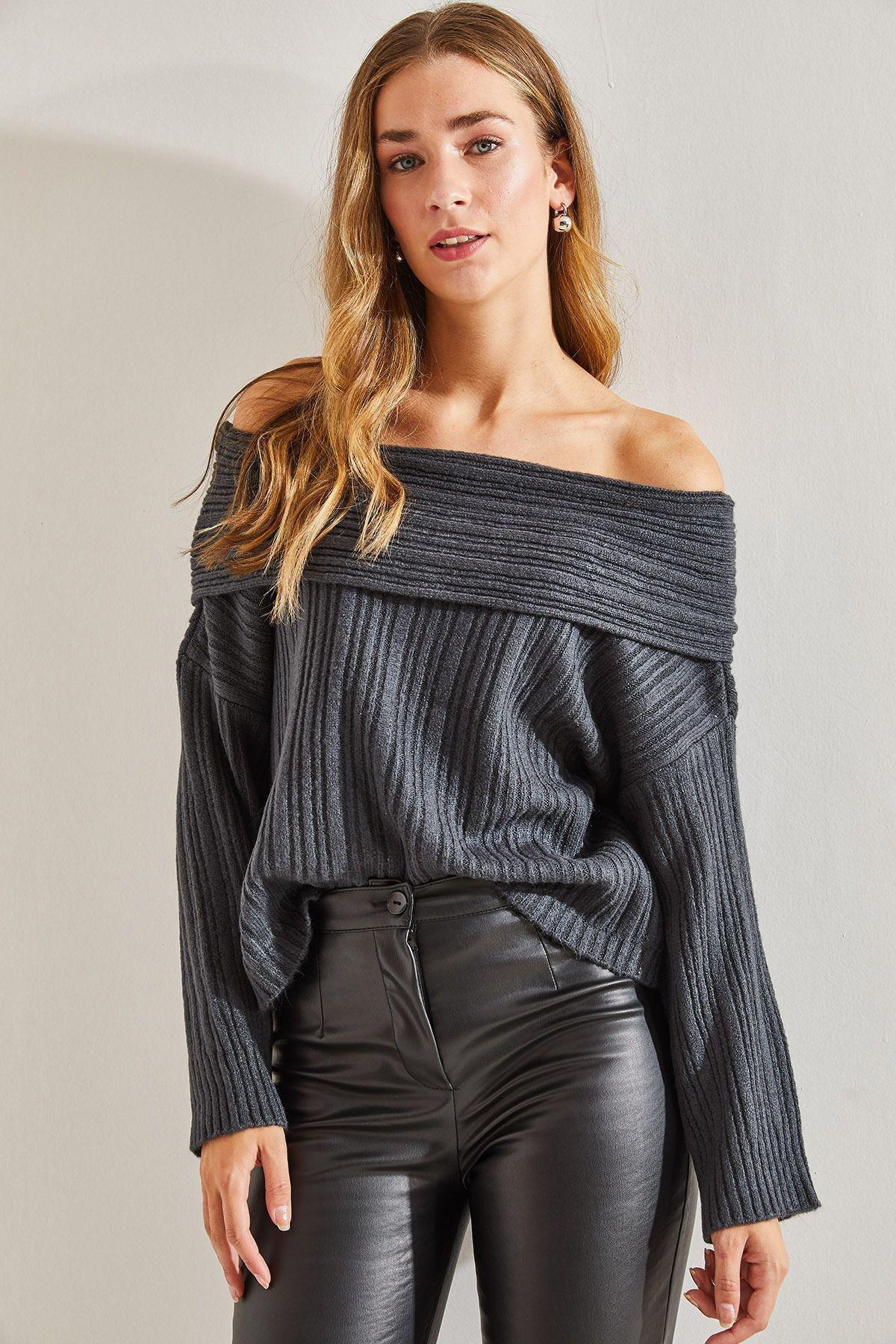 Ruffle Collar Textured Ribbed Sweater, Anthracite, large image number 3