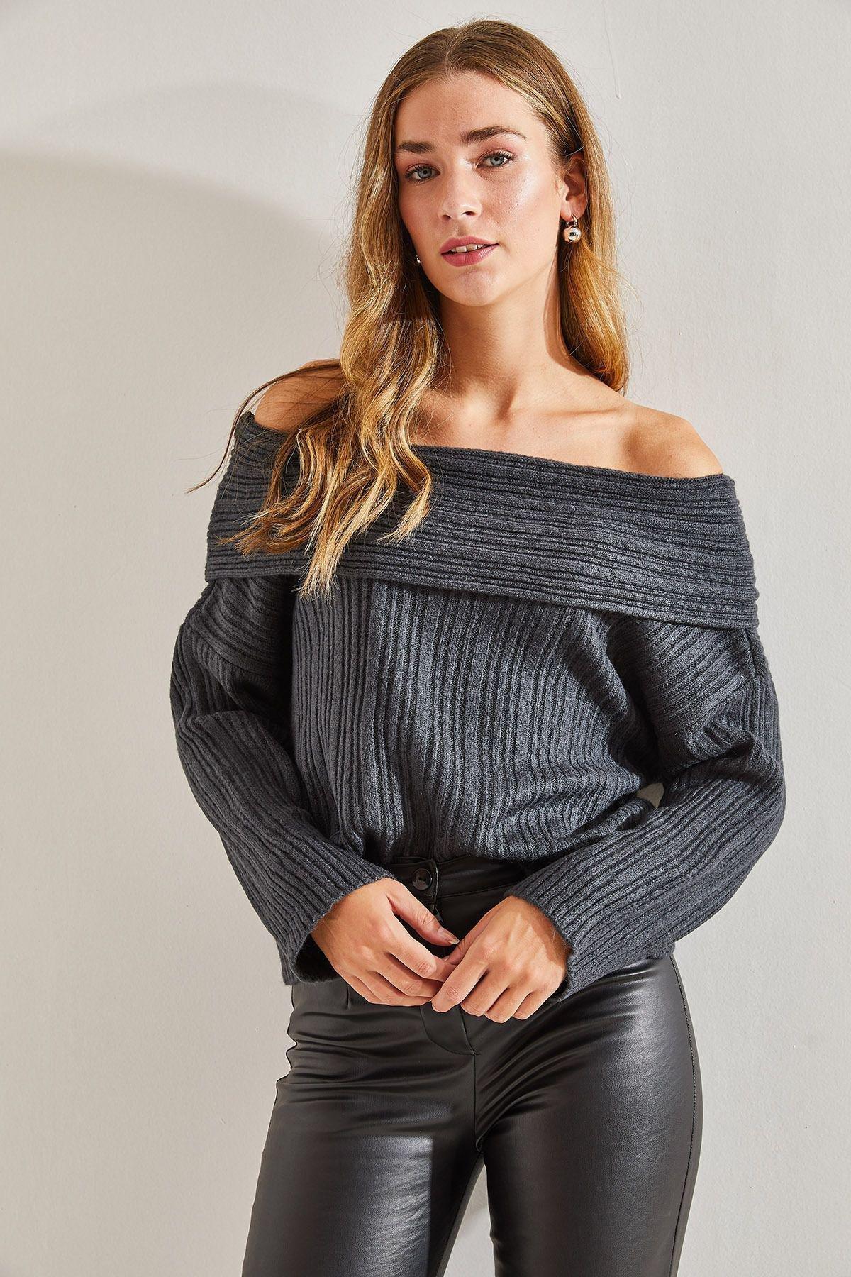 Ruffle Collar Textured Ribbed Sweater, Anthracite, large image number 4