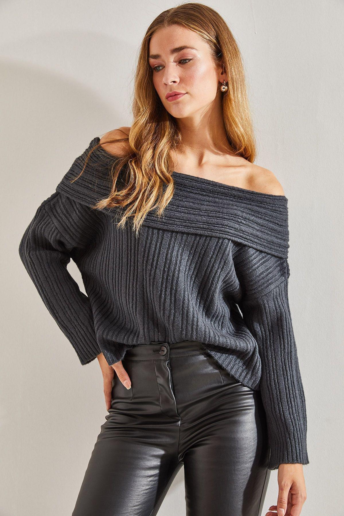 Ruffle Collar Textured Ribbed Sweater, Anthracite, large image number 5