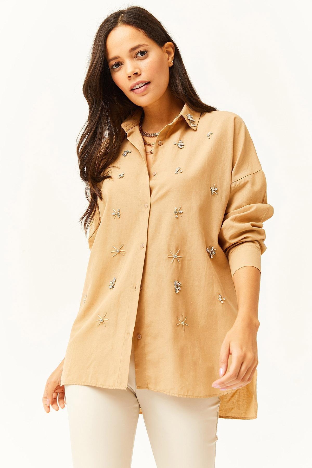 Beige Long Sleeve Embraided Shirt, , medium