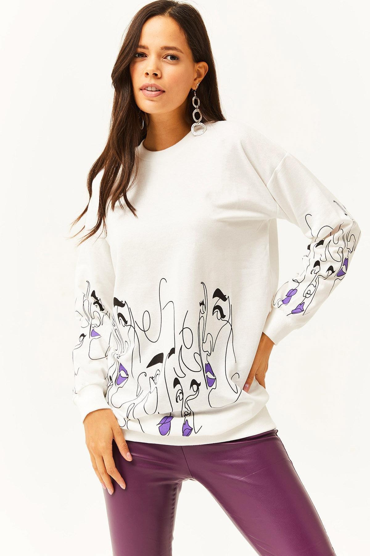 White Face Figured Oversized Sweatshirt, White, large image number 0