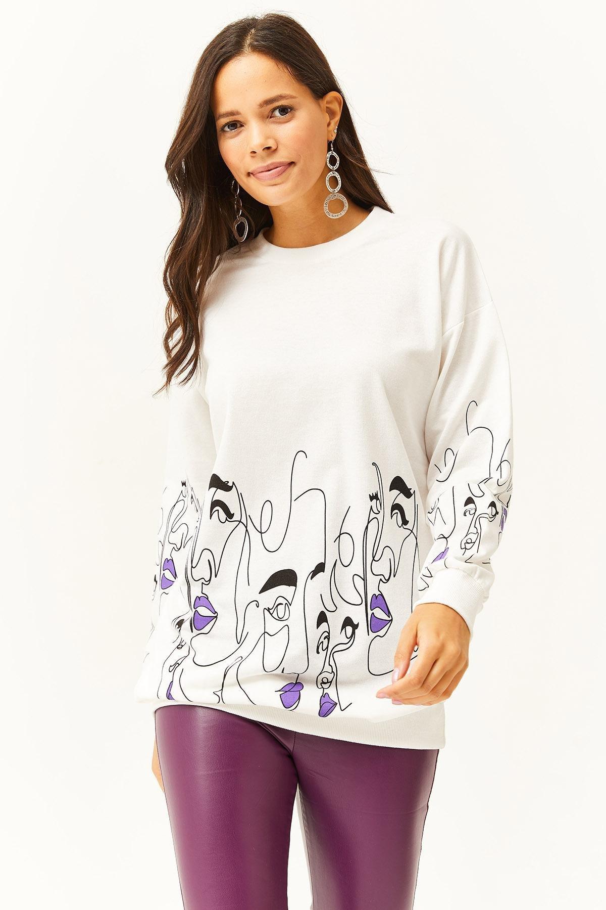 White Face Figured Oversized Sweatshirt, White, large image number 1