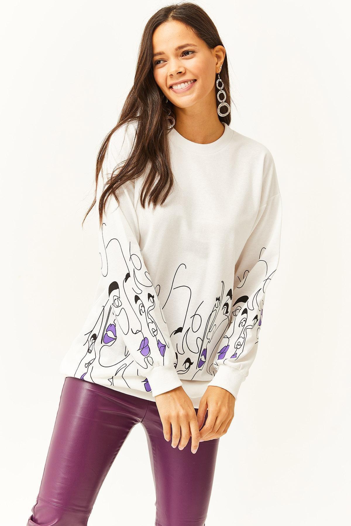 White Face Figured Oversized Sweatshirt, White, large image number 2