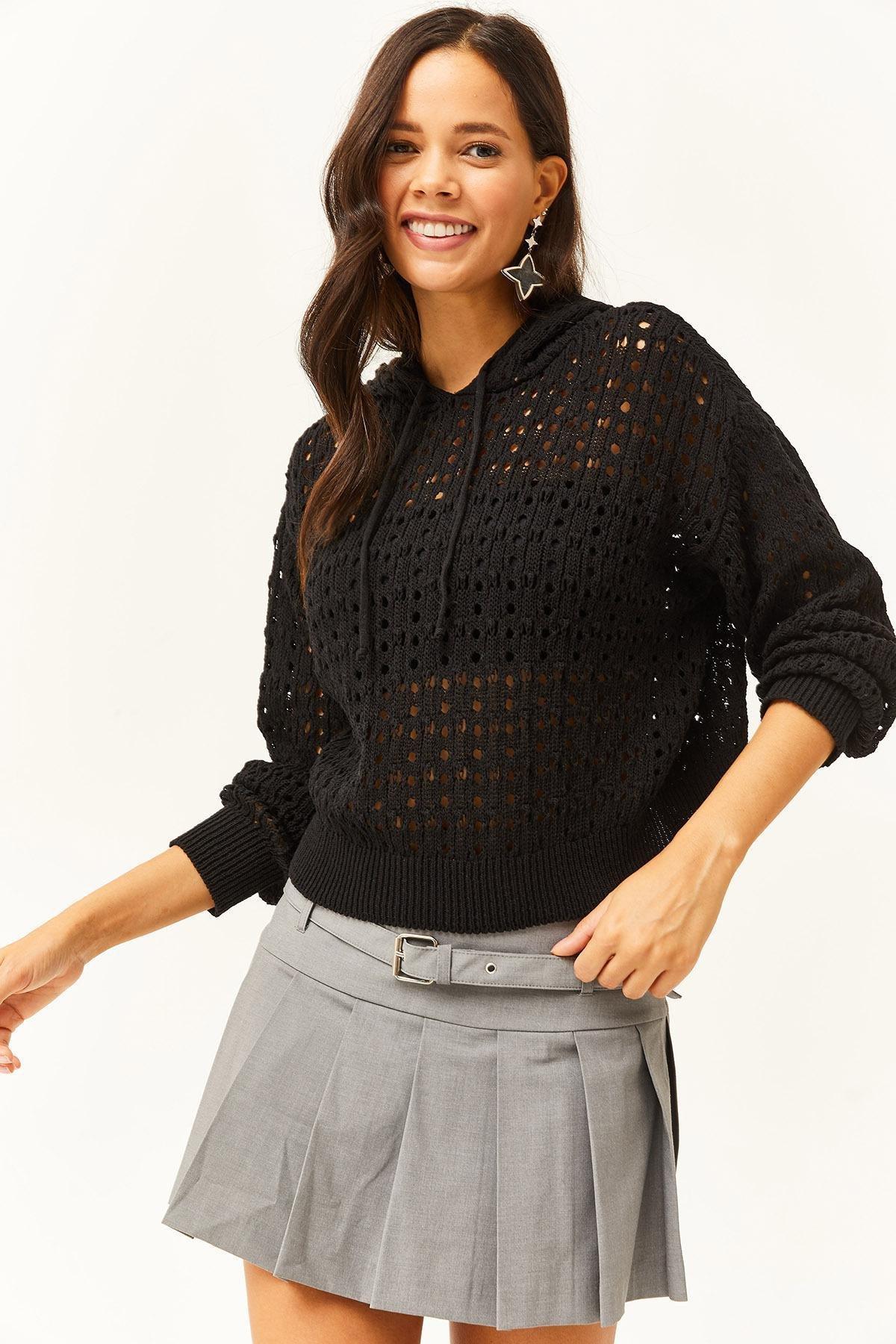 Black Hooded Openwork Sweater, BLACK, large image number 1