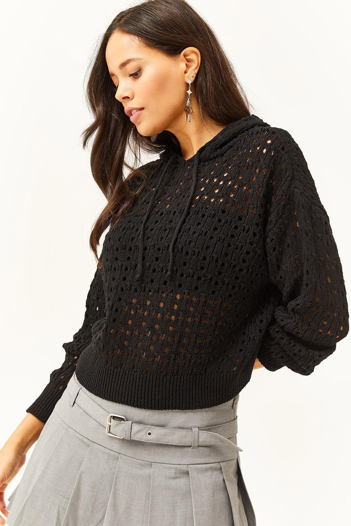 Black Hooded Openwork Sweater, BLACK, large image number 2