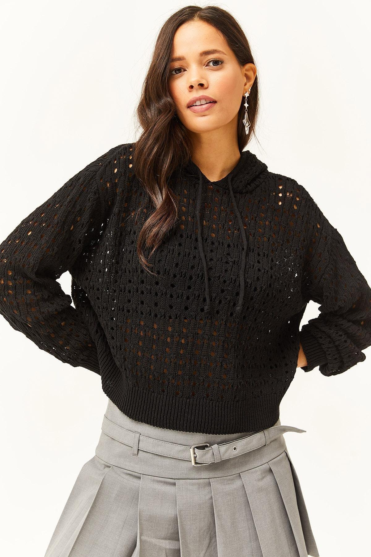 Black Hooded Openwork Sweater, BLACK, large image number 3