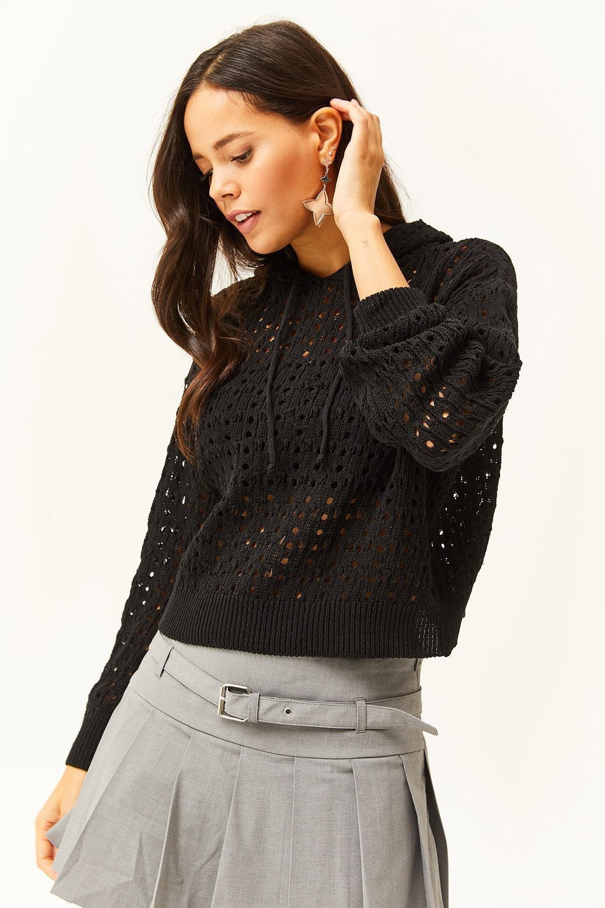 Black Hooded Openwork Sweater, BLACK, large image number 4