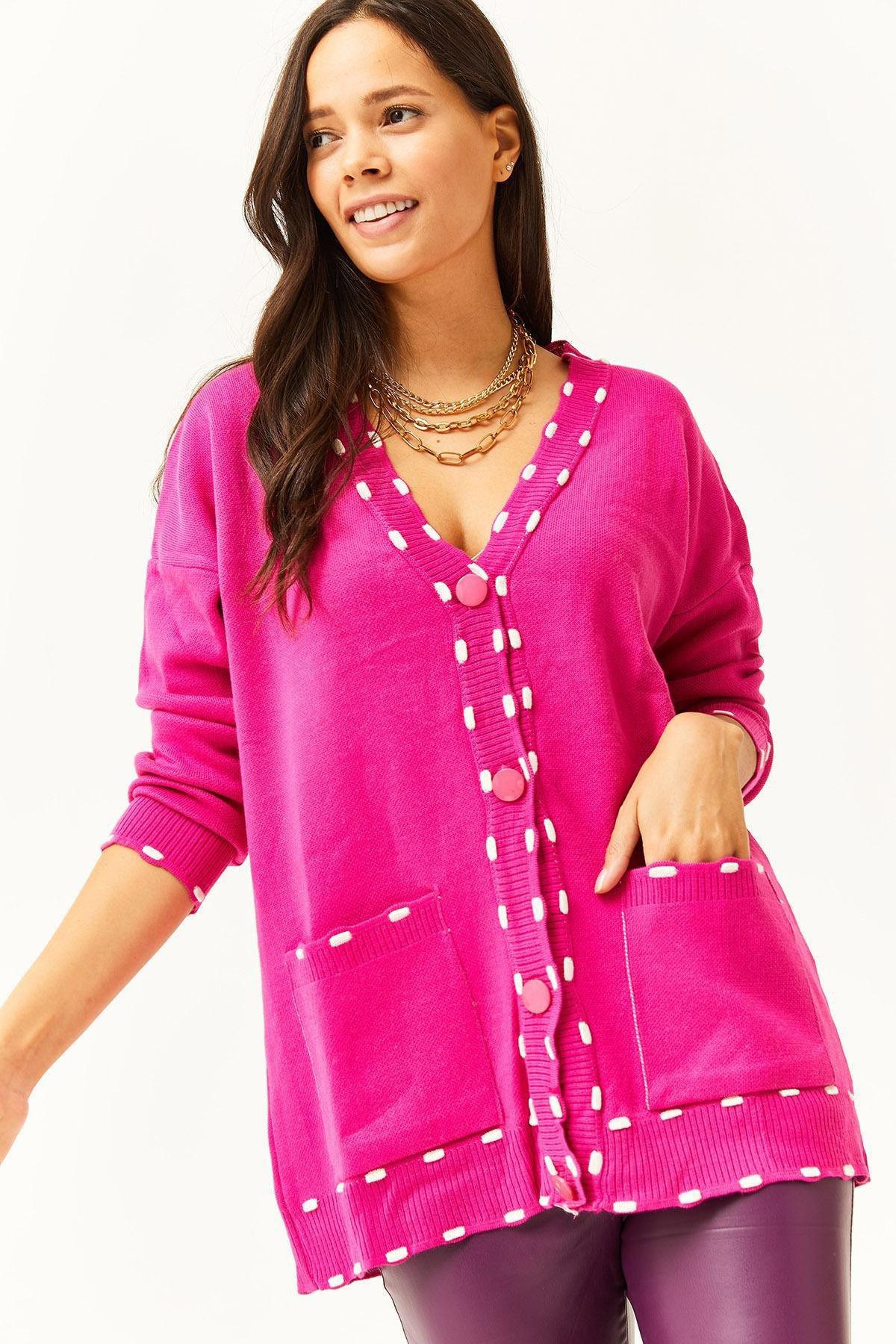 Pink Pocketed Oversized Knitted Cardigan, Fuchsia, large image number 0