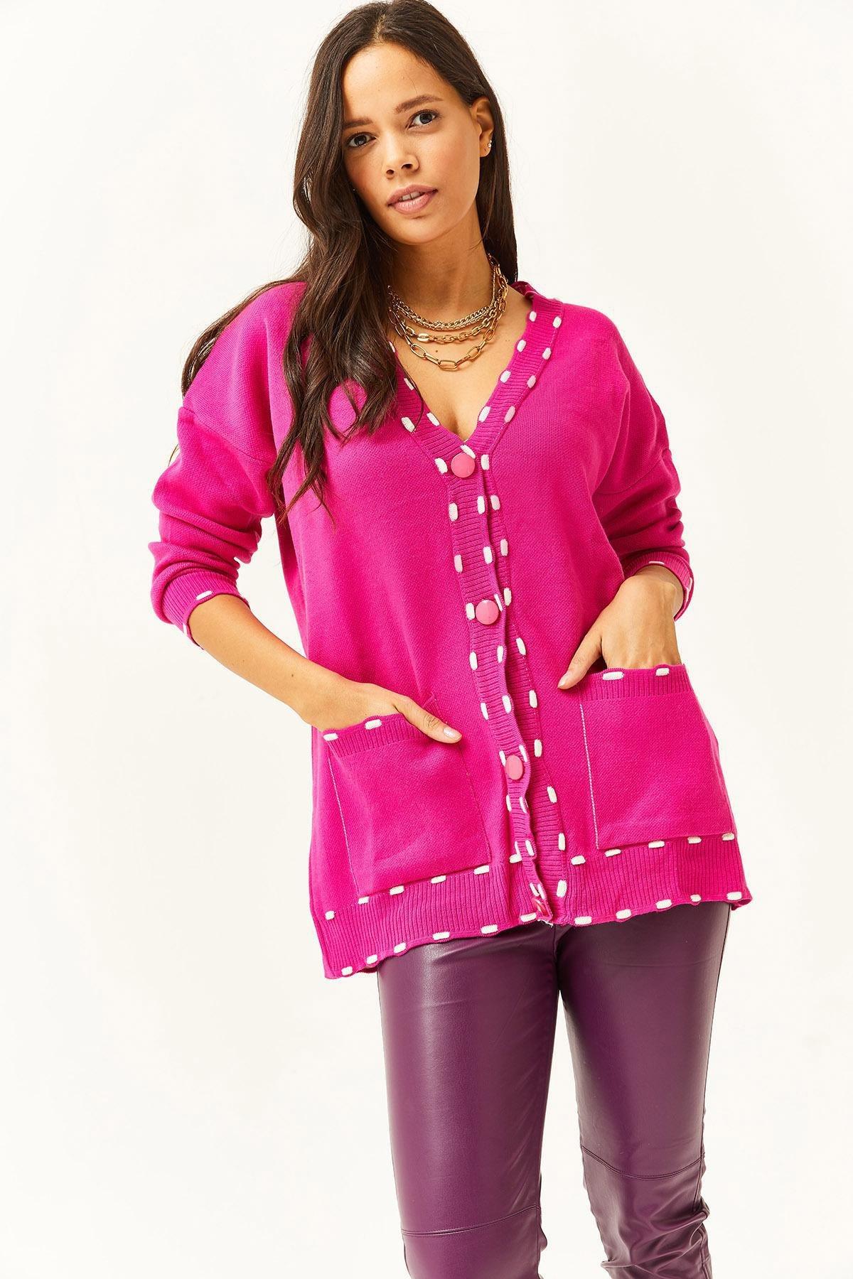 Pink Pocketed Oversized Knitted Cardigan, Fuchsia, large image number 2