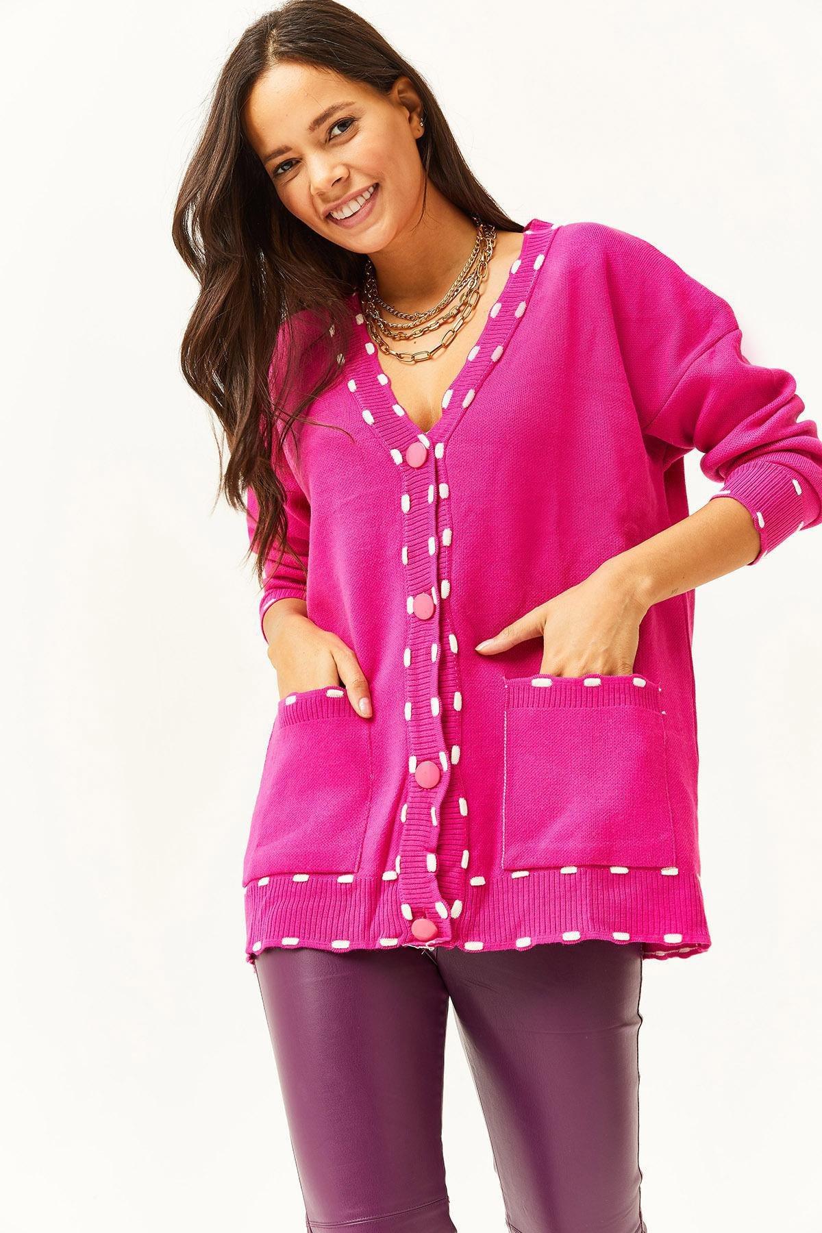 Pink Pocketed Oversized Knitted Cardigan, Fuchsia, large image number 3