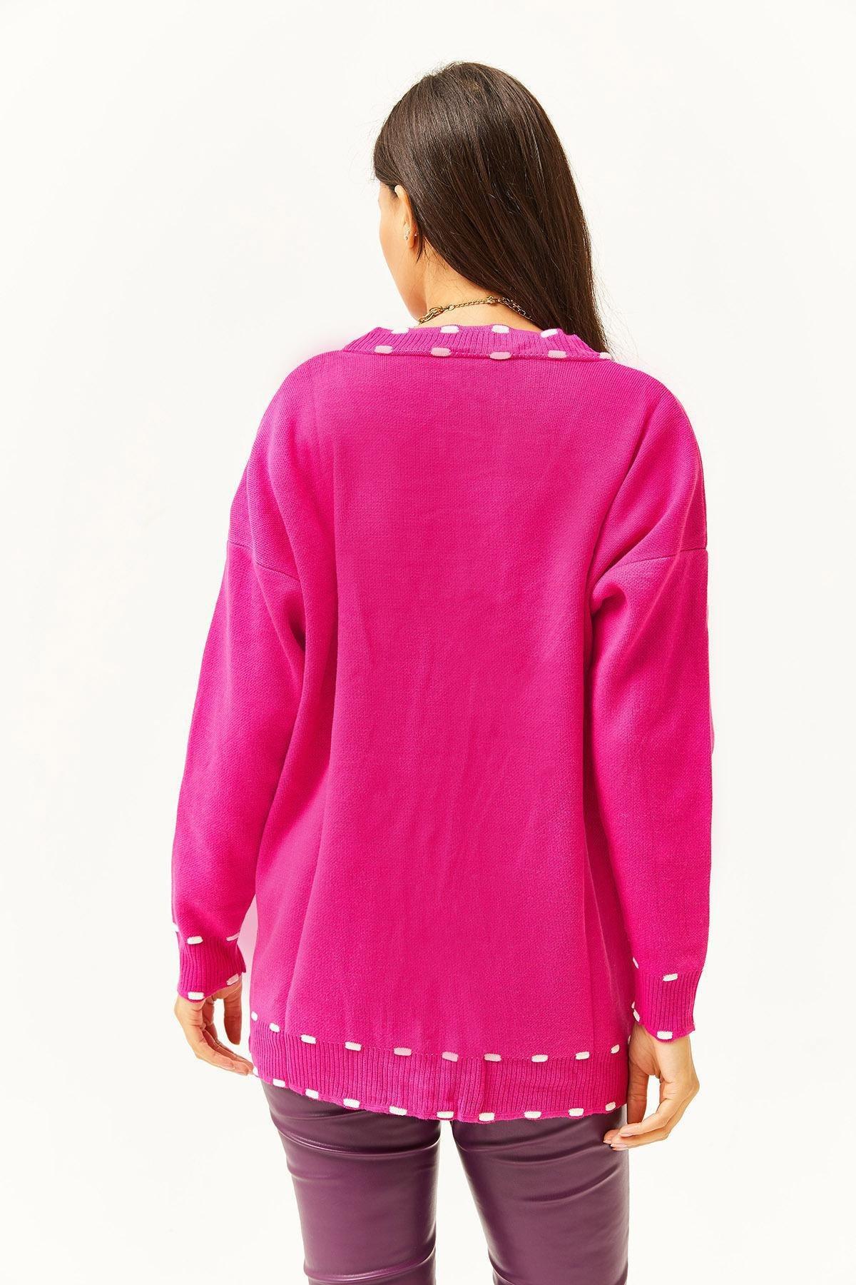 Pink Pocketed Oversized Knitted Cardigan, Fuchsia, large image number 4