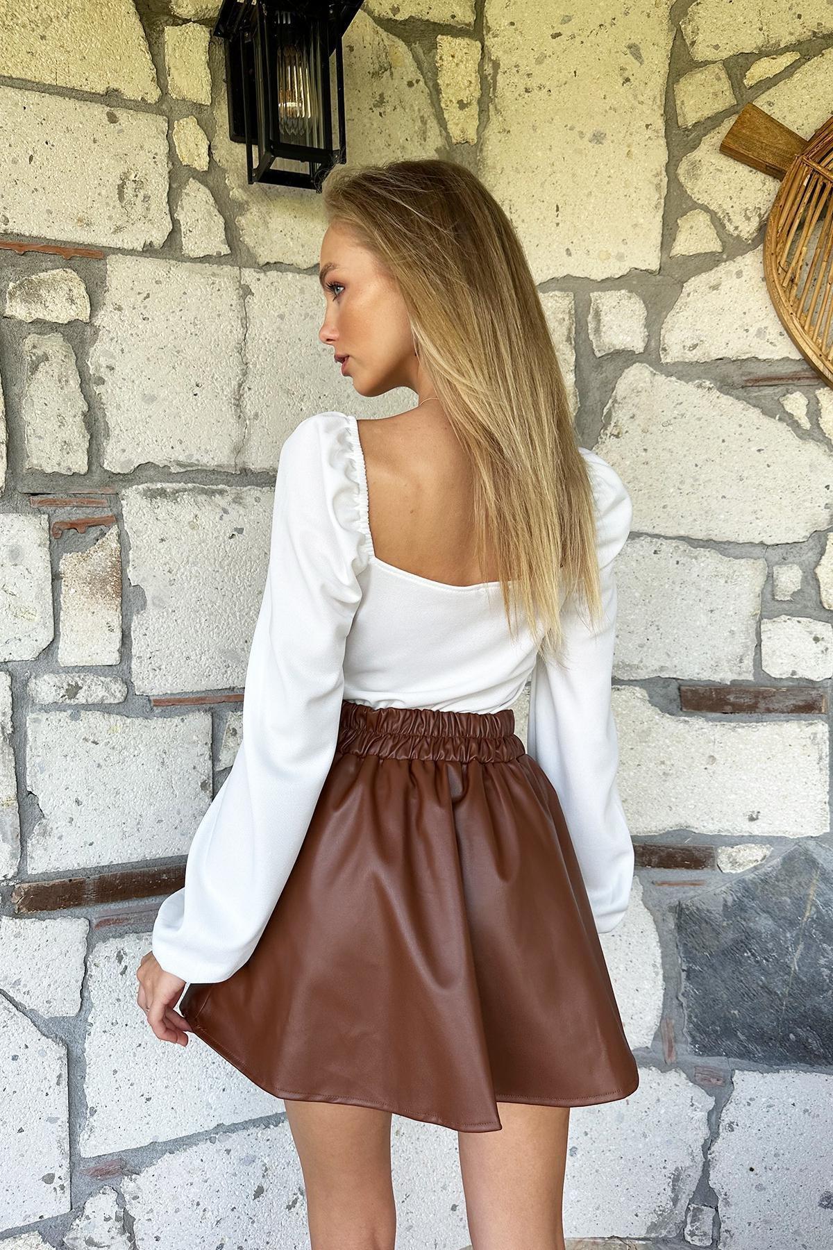 Brown Elastic Waist Flared Mini Skirt, , large image number 3