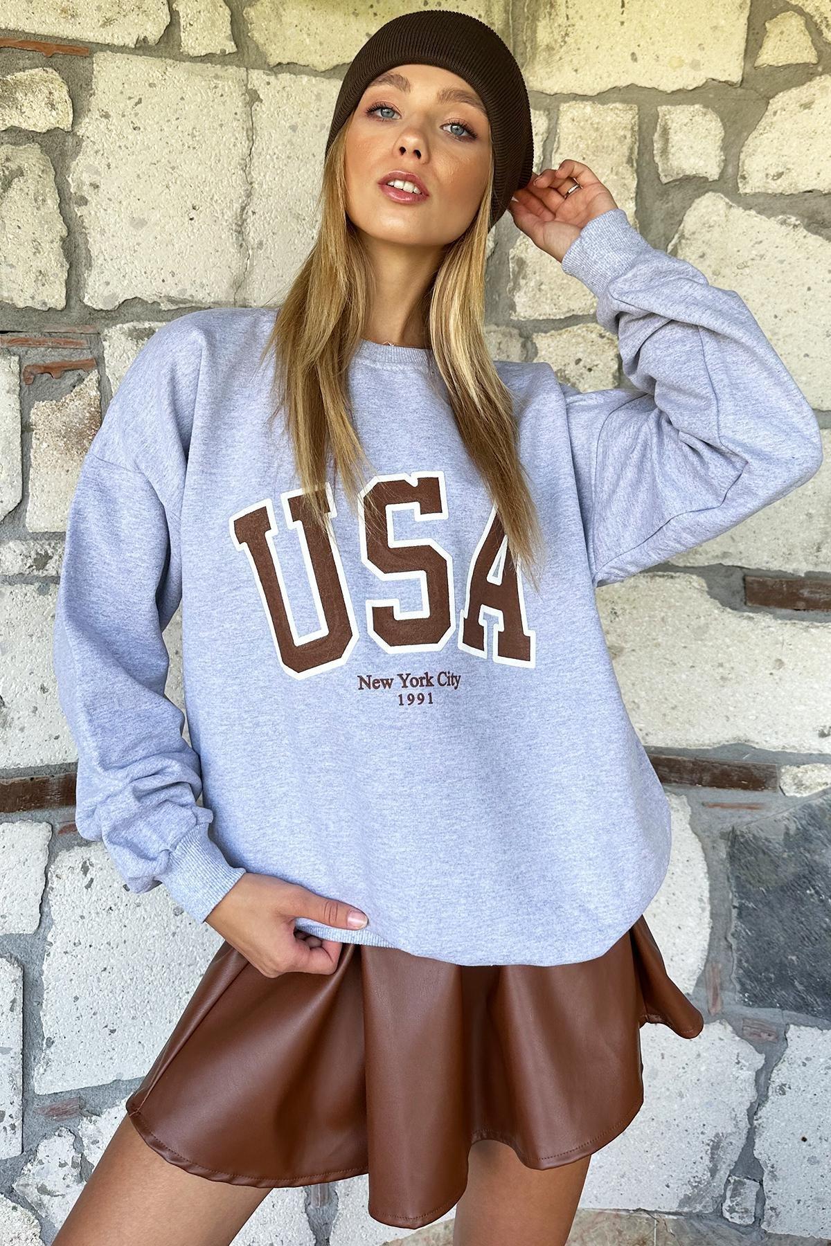 Grey Printed Oversized Crew Neck Sweatshirt, , large image number 0