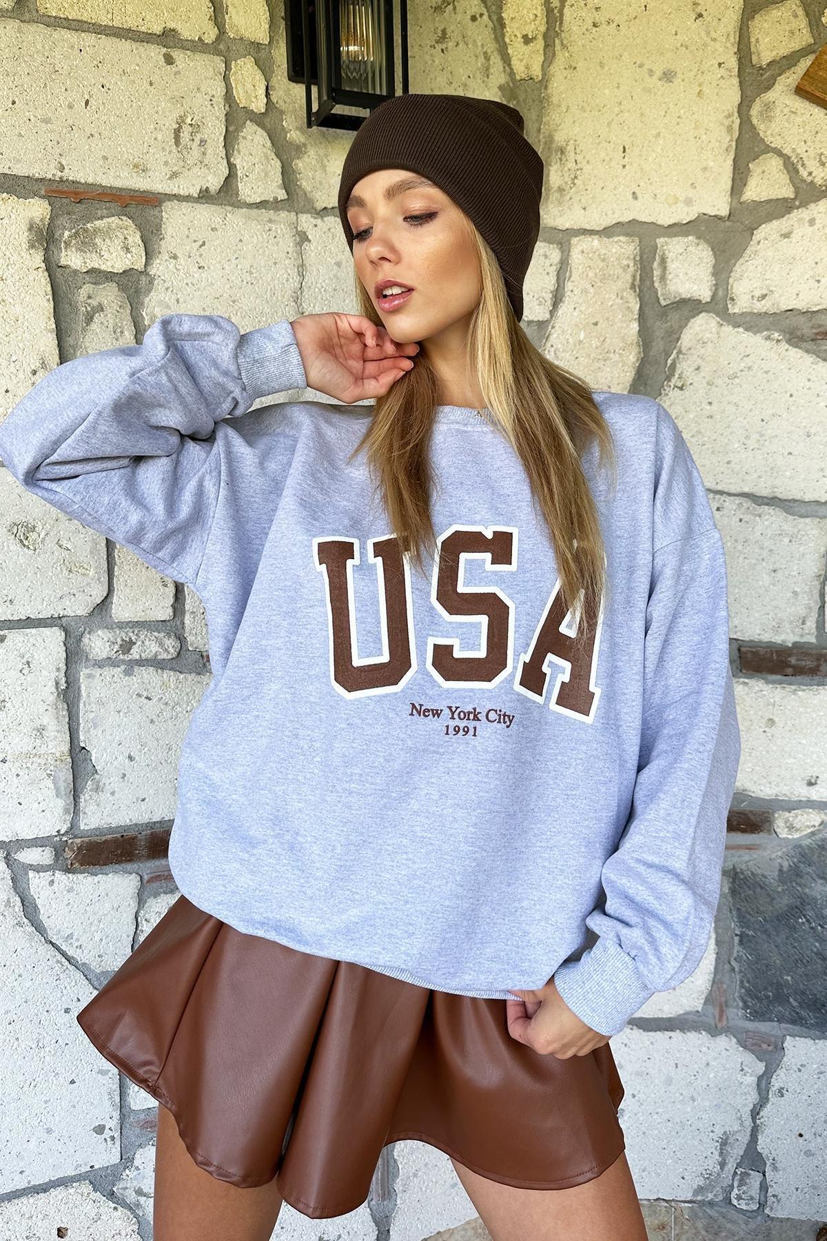 Grey Printed Oversized Crew Neck Sweatshirt, , large image number 2