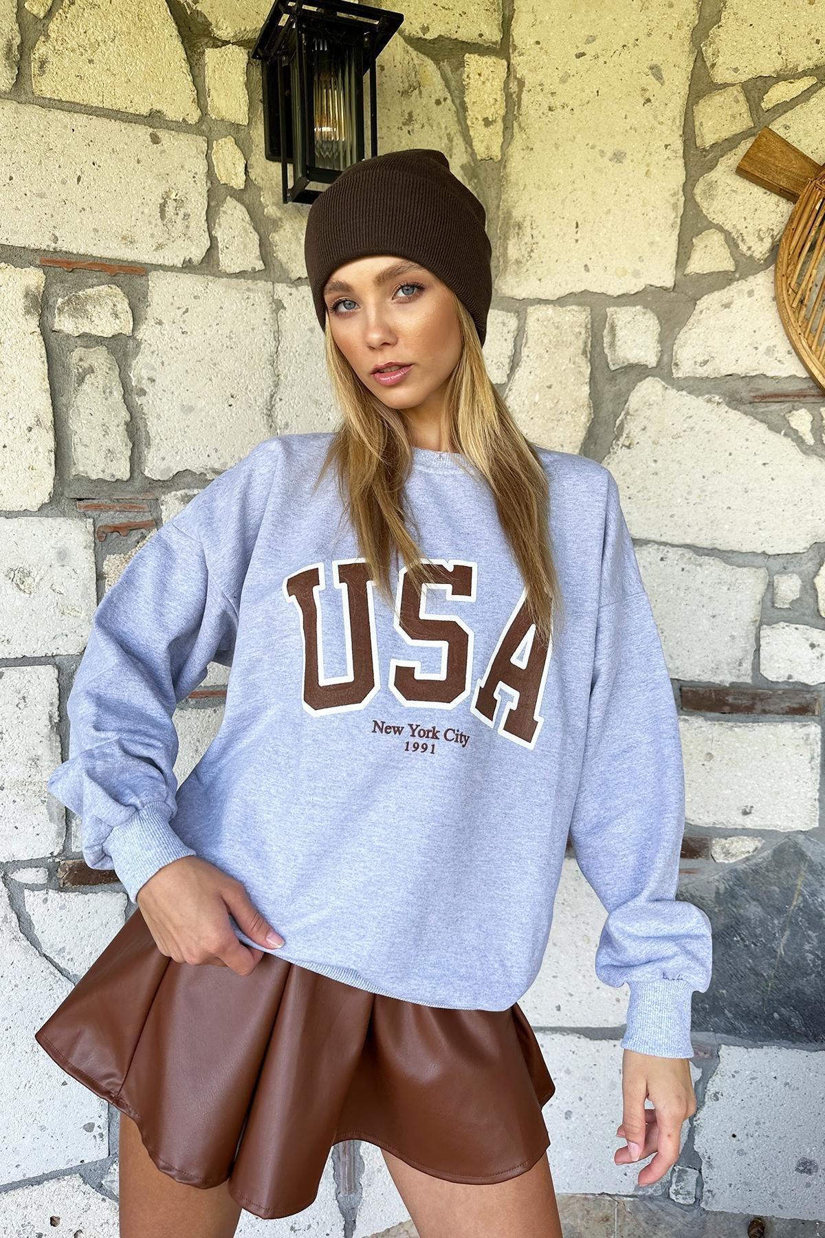 Grey Printed Oversized Crew Neck Sweatshirt, , large image number 3