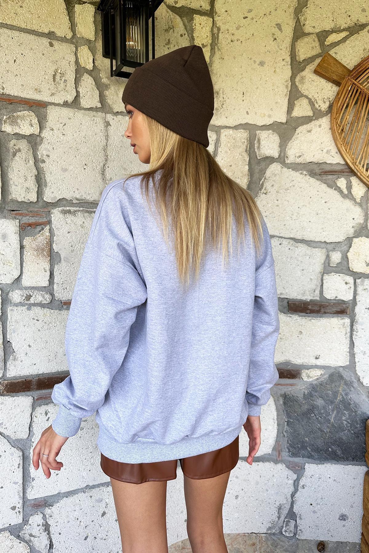 Grey Printed Oversized Crew Neck Sweatshirt, , large image number 4