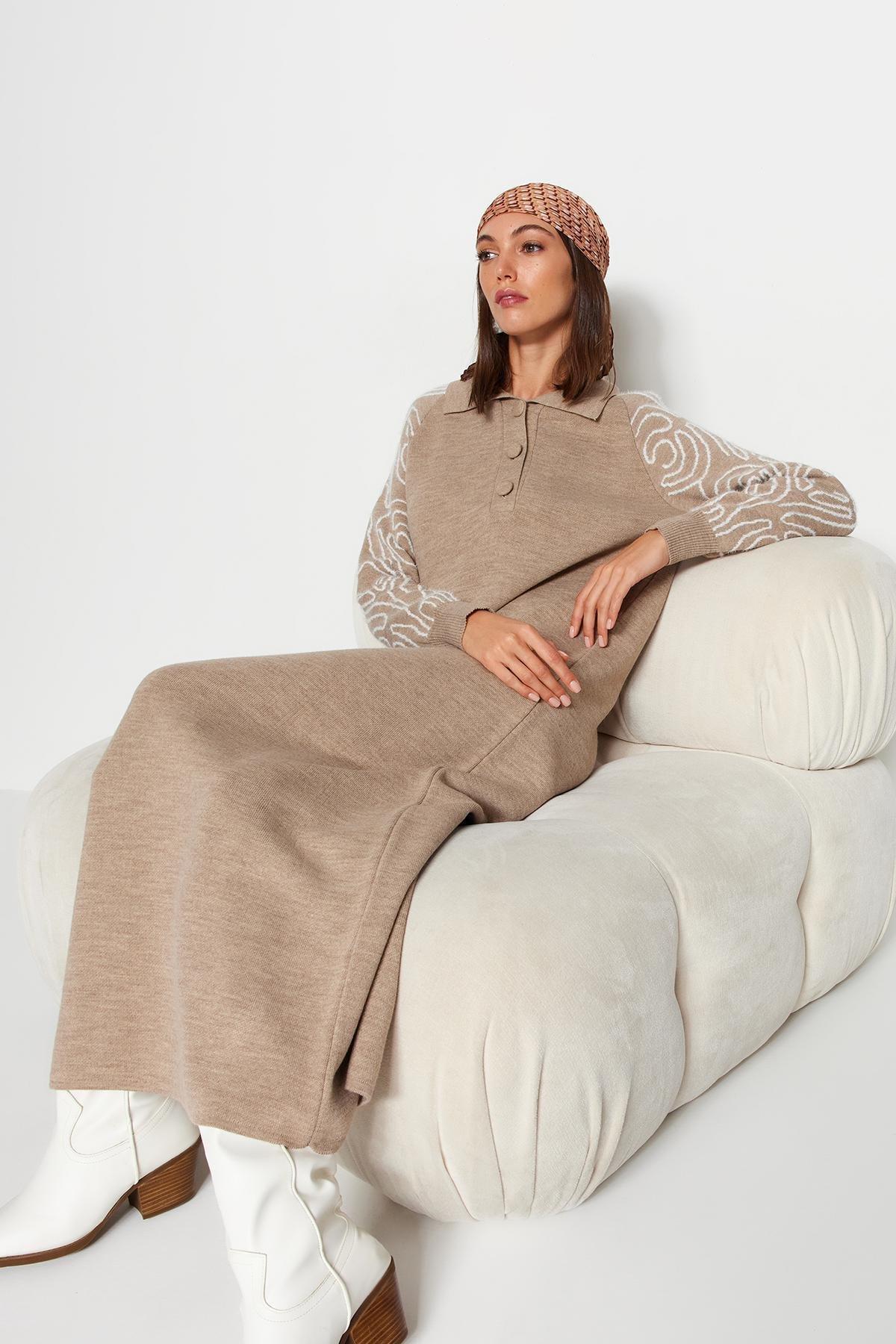 Brown Polo Neck Patterned Sweater Dress, C101_353, large image number 0