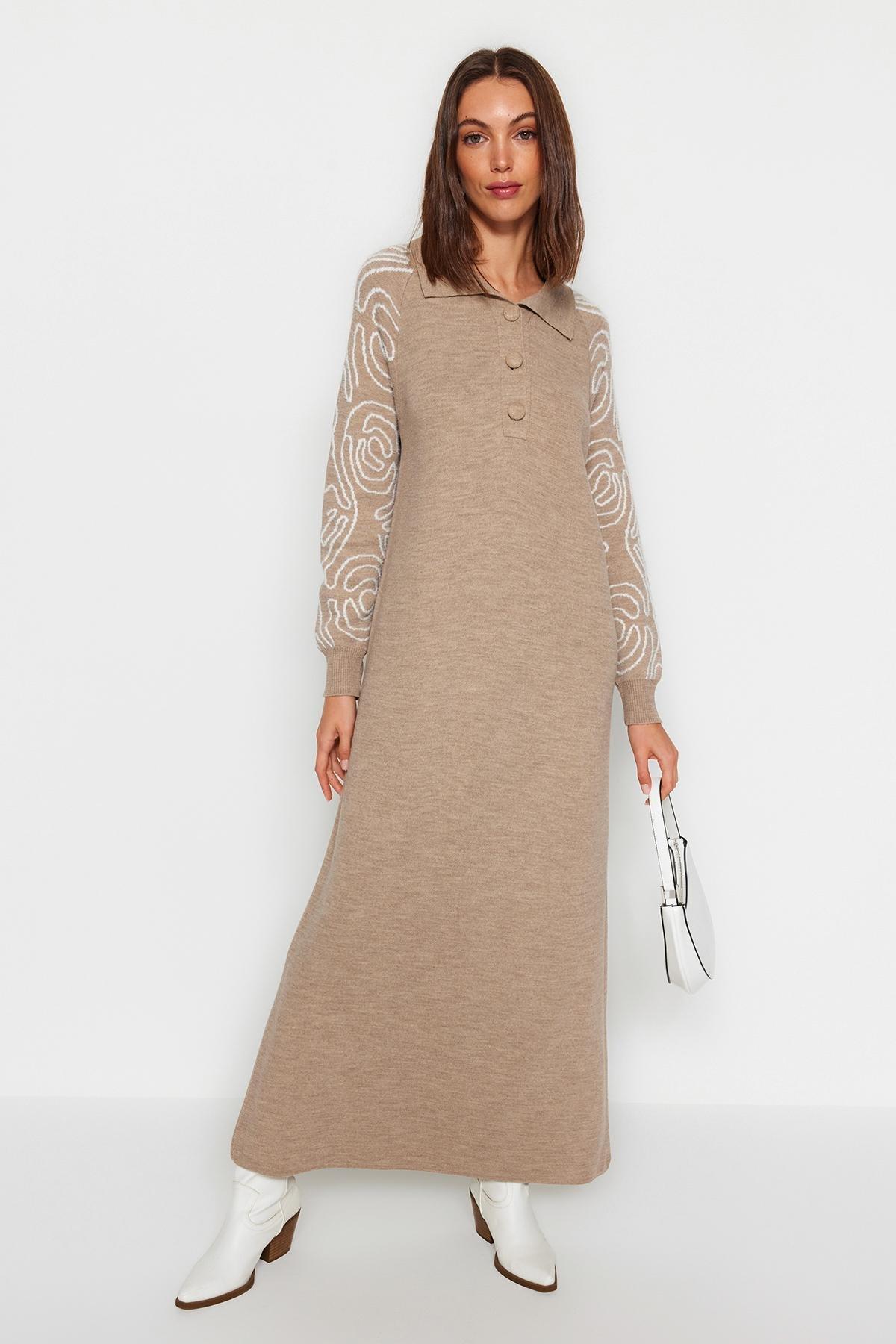 Brown Polo Neck Patterned Sweater Dress, C101_353, large image number 1