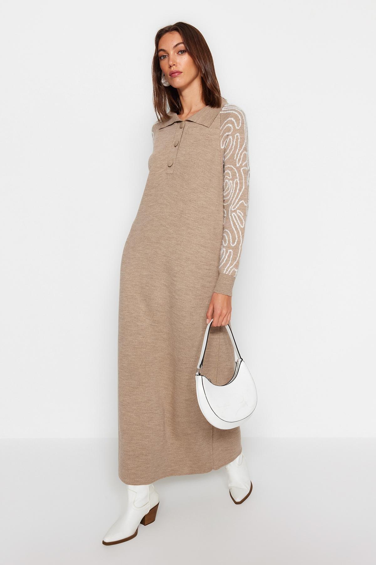 Brown Polo Neck Patterned Sweater Dress, C101_353, large image number 2
