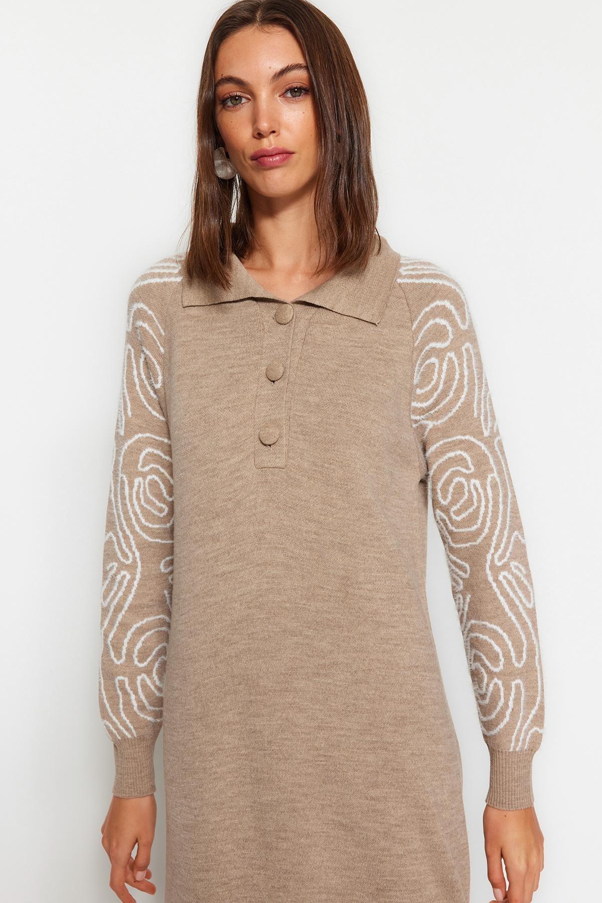 Brown Polo Neck Patterned Sweater Dress, C101_353, large image number 3