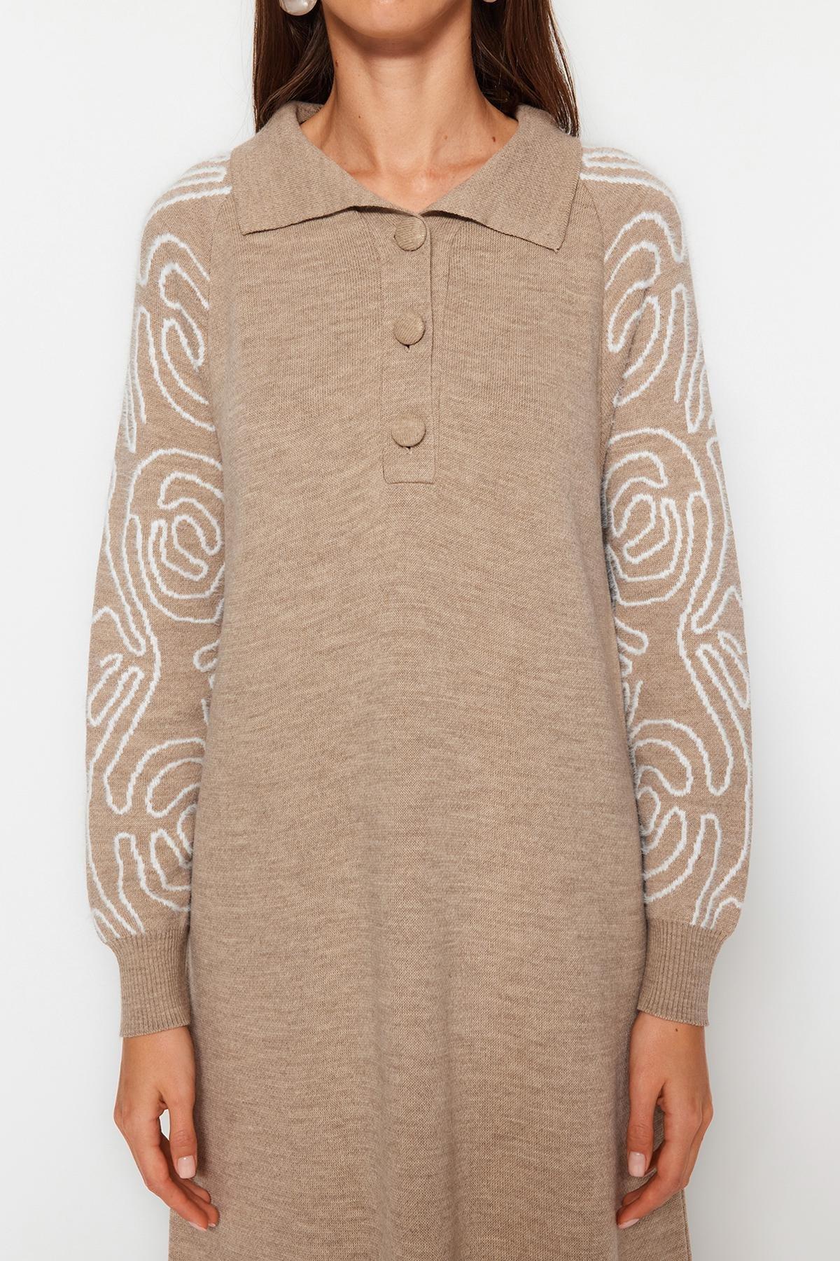 Brown Polo Neck Patterned Sweater Dress, C101_353, large image number 4