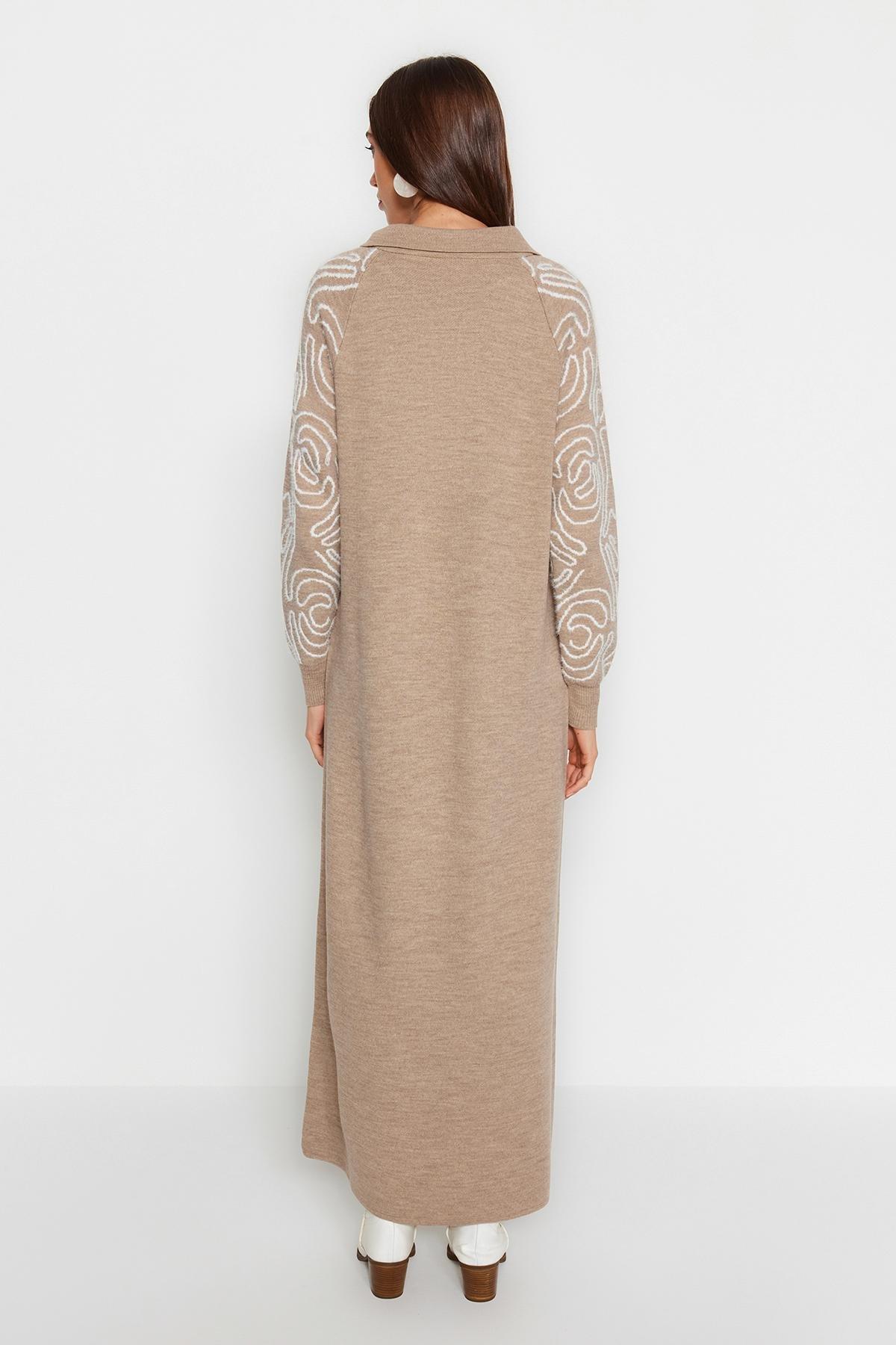 Brown Polo Neck Patterned Sweater Dress, C101_353, large image number 5