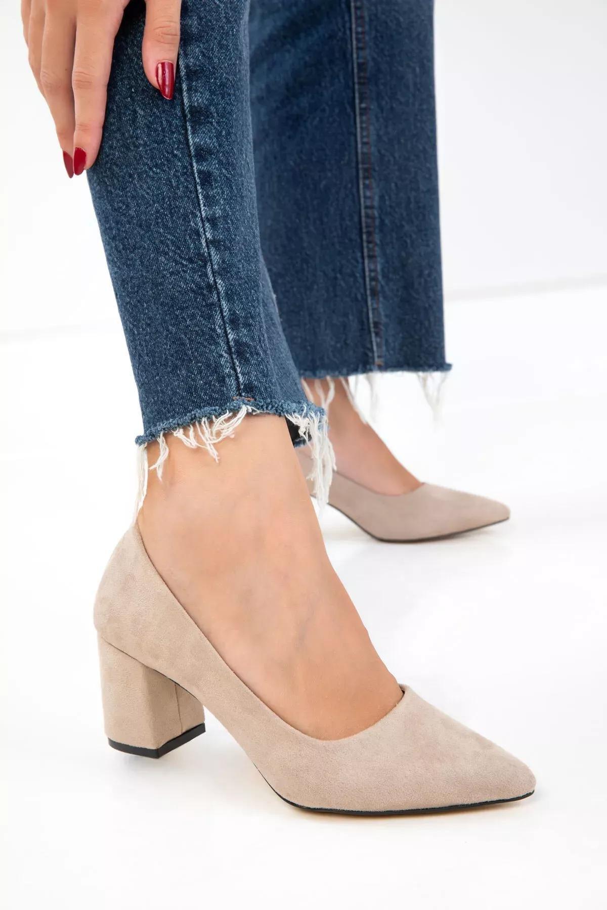 Beige Suede Classic Heeled Shoes, , medium